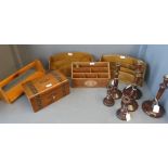 Selection of woodwork items to include desk tidys candlesticks and box