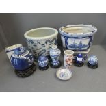 A selection of blue and white chinese porcelain including jardinierre on stand, miniture ginger