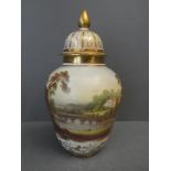 Lidded Derby vase with a beautifully painted landscape with house and lake 26cmH x 14cmW