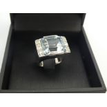 Unmarked white metal large aquamarine & diamond ring size K