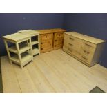 A chest of three short over three long drawers. Two bedside tables and two small shelf units