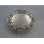 Silver pill box with blank cartouche, the interior enamel set with woodhall style plaque