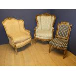 3 decorative arm chairs, 1 large blue upholstered with gilt frame 119H x 74W x 70D cm, small pink