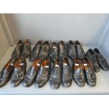 Large selection of mens black leather shoes, loafers, brogues, some pairs very worn, marked size 8