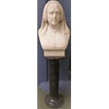 J Adams Acton, white carrara marble bust of a woman with crepe cap, veil & button collared dress