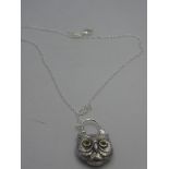 Unusual silver and malachite locked pendant on silver chain in the form of an owl