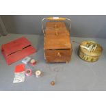 1950s wooden sewing box together with tins and boxes of other sewing items