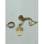 9ct Gold crucifix pendant on a yellow metal chain & 9ct hoop earring 6.4g total