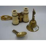 'Felix the Cat' brass bell, Warwick brass caddy spoon & pair of Victorian ivory opera glasses (as