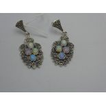 Pair of silver marcasite & opal panelled earrings
