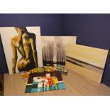 A quantity of very large contemporary canvases. woodland scenes, still life and coastal scene etc. A