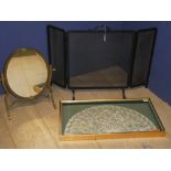 Qty of collectibles to include bronzed framed oval mirror, framed fan & black fire guard