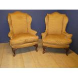 2 large armchars, upholstered in a gold/brown cord style fabric, 108H x 84L x 75D cm