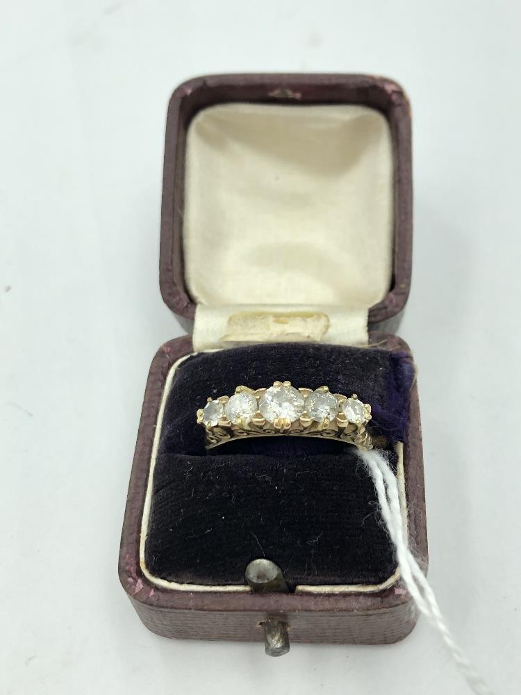 18ct gold & diamond 5 stone ring , graduated line of old cut diamonds in an open work setting size G