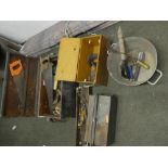 Carpentry chest with tools, metal tool box, selection of garden tools etc