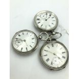 3 silver pocket watches, 2 key wind , 1 crown wind, open faced with enamel dials