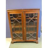 2 Door glass panelled cabinet, interior with 4 shelves 120H x 93.5 W cm (no key, damaged glass