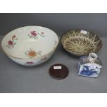 C18th Chinese famille rose bowl, blue & white tea candy,circular plaque, & bowl