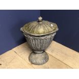 Lead pedestal urn with lid and finial to top, 32D x 45H cm
