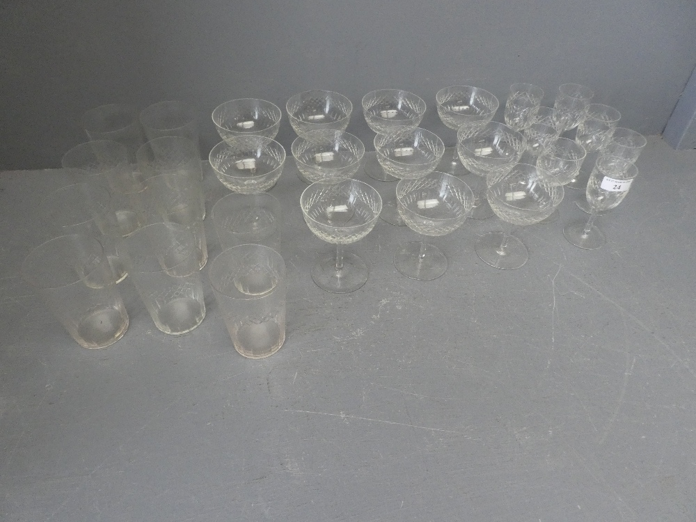 Qty of glassware to include 10 cut glass tumblers, 11 champagne glasses, 7 sherry glasses