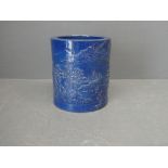 C19th Chinese porcelain brushpot decorated with landscape, mark to base