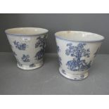 Pair of blue & white planters with blue rim