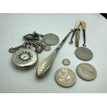 Quantity of coins, button hooks, pocket watch & fob