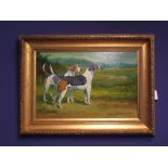 Oil on board, C21st, "Standing fox hounds in a landscape", signed indistinctly lower right, Jane