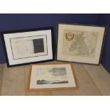 3 Pictures to include map of UK, watercolour of water side landscape & modern conceptual print