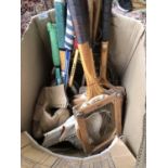 Quantity of vintage sportng items, including tennis racquets, ice skating boots, lax stick etc