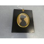 Early 19th century silhouette painting with watercolour highlights 7.2cm x 5.6cm in black lacquer