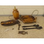 Quantity of wooden items to include bowls, carved tray, vintage double lever corkscrew by James