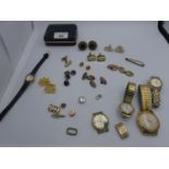 Collection of 9ct gold & base metal cufflinks, dress studs & fashion watches