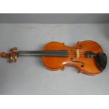 Modern violin in black wooden case - 1 piece maple back and ribs, carved head after Steiner