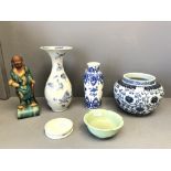 C17th 3 Chinese blue & white vases to include a figure,celadon bowl, & a lid