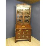 Mahogany & inlaid bureau bookcase with astragal glazed doors & finial with shell inlay 223H cm