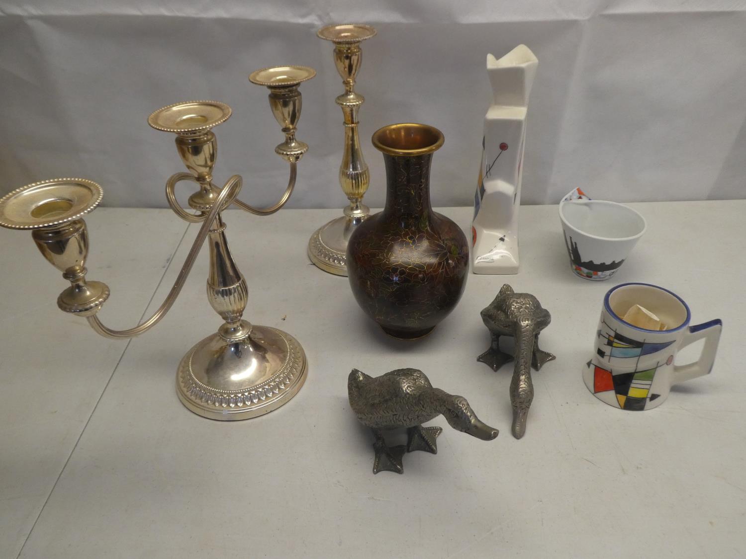 Qty of plated candle sticks, ducks & cloisonne