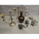 Qty of plated candle sticks, ducks & cloisonne