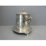 Silver plated biscuit barrel, engraved, and on pedestal feet, with fox mask handles