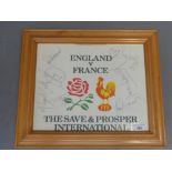 England V France 'The Save & Prosper International' rugby place mat cushion signed by several