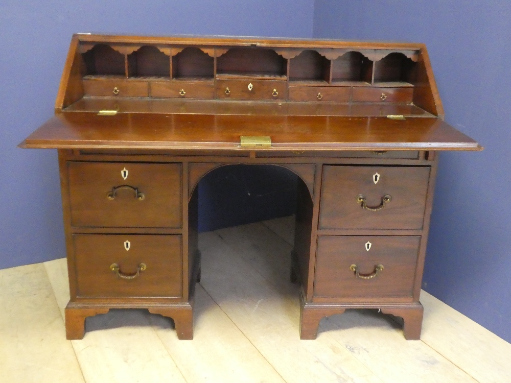 Mahogany knee hole bureau with 6 drawers & escutcheons & fitted interior 110H cm