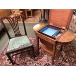 Burr walnut veneer sewing table with rising lid to fitted compartments and a chair