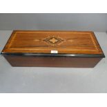 Swiss inlaid music box with hinged lid, 12 aires, in working order 14.5H x 57W x 22D cm