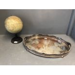 Philips 8" prewar challenge globe, large oval galvanized silver plated tray 52 x 35 cm & oak & brass