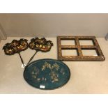Qty of Oriental decorative items including tray, music stand & pair of fans