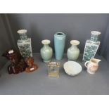 A quantity of china including two pairs of vases, jug and other, quartz clock, bowl and two wooden