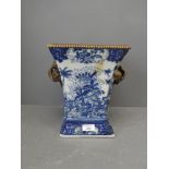 Decorative blue & white square shaped vase with gilt style rim & handles 26H cm