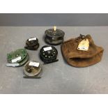 Vintage salmon reel in suede bag, 2 vintage fly reels & 2 other reels