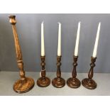 Set of 4 turned wooden candlesticks & a tall turned wooden candlestick