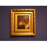 C20th, oil on board, "Portrait study of a hound's head head" 18 x 14xm, in gilt frame